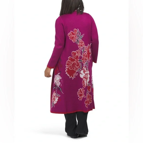 Badgley Mischka Cherry Blossom Jacquard Cardigan Sweater Coat Duster Floral